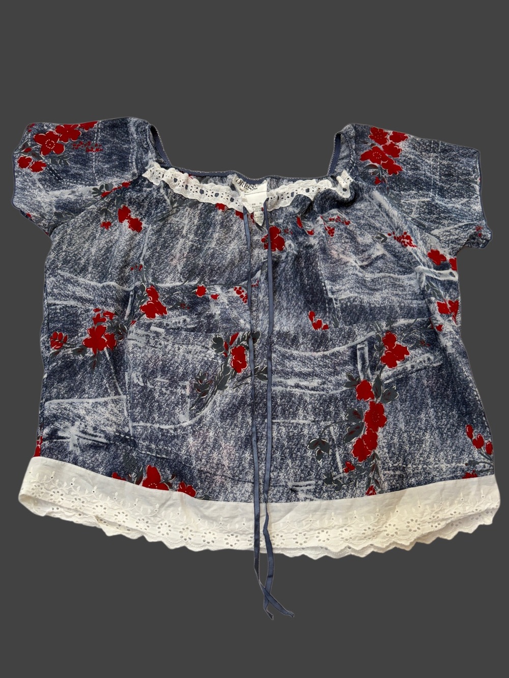 Blue Floral Peasant Blouse with Eyelet Hem